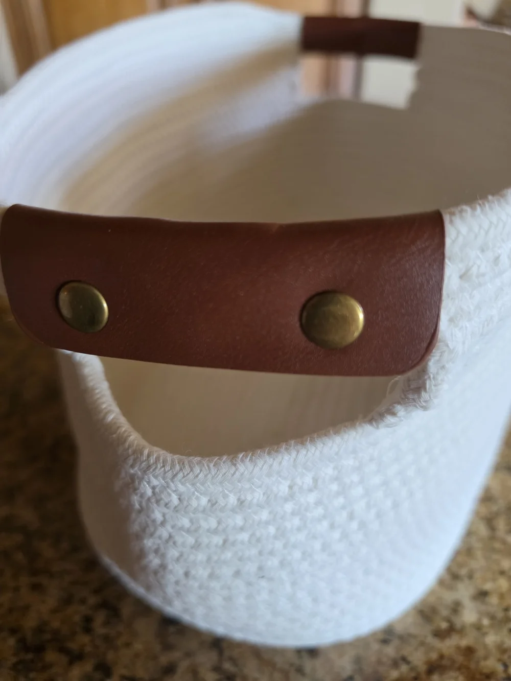 White Woven Rope Storage Basket with Brown Faux Leather Handles Gold Snaps - EUC
